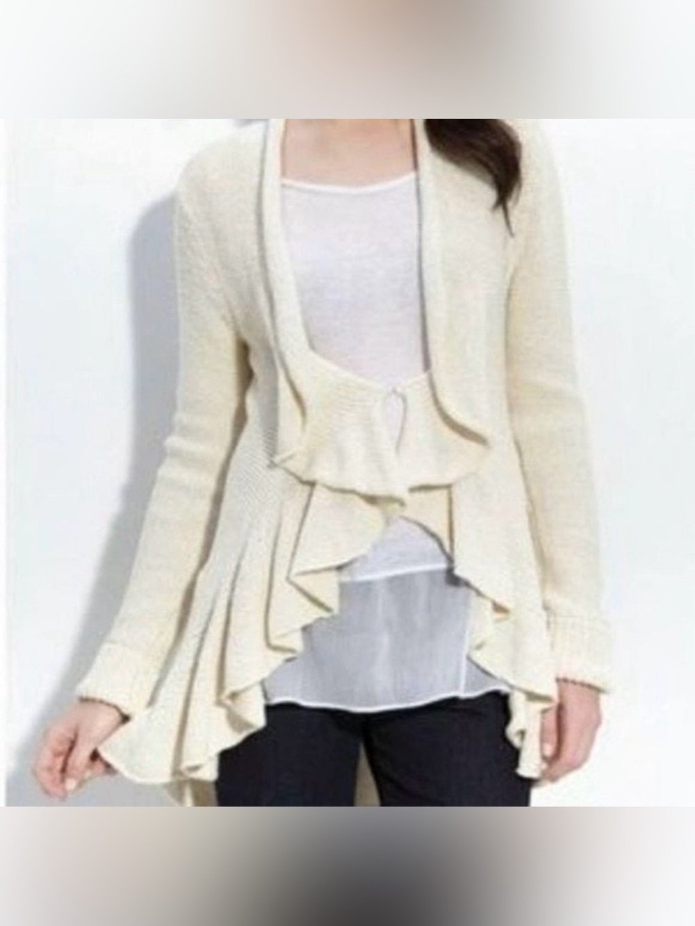 Free People Cream Ruffle-Front Cardigan